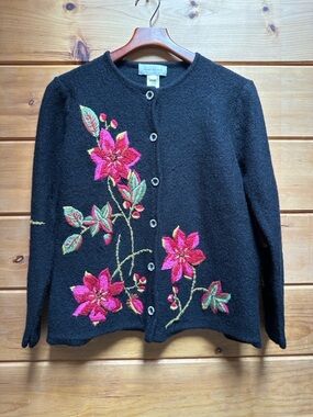 Vintage Susan Bristol 100% Wool Embroidered Flowers Cardigan Sweater L READ